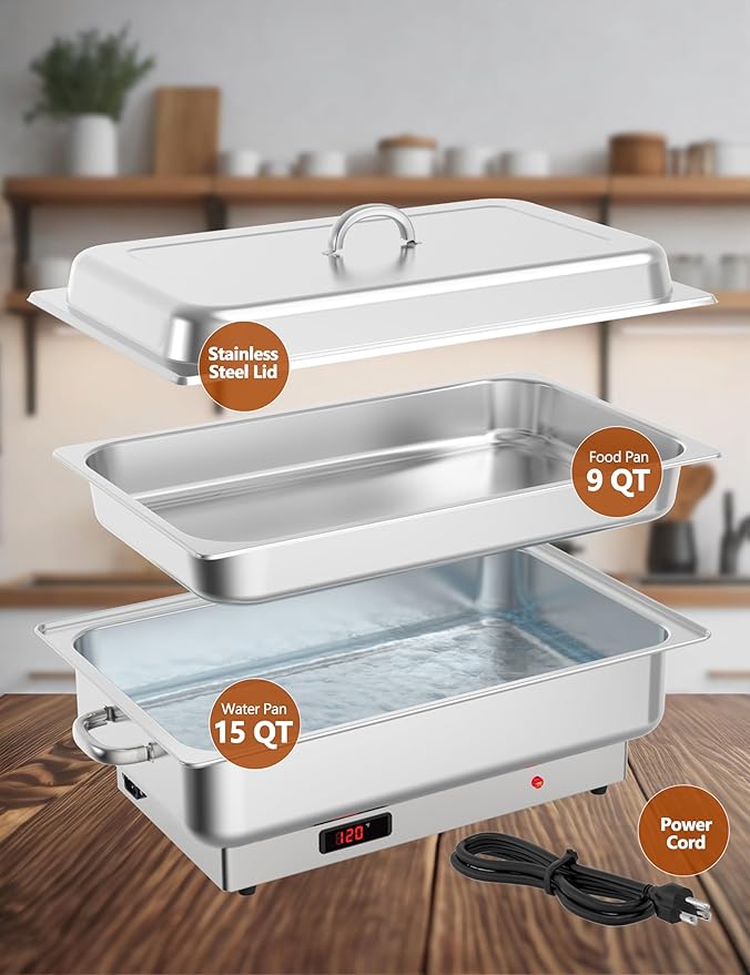 2 PACK Electric Chafing Dish Buffet Set 9QT Buffet Servers and Warmers Digital Display Temperature Warming Tray Stainless Steel Food Warmer for Parties Weddings Caterings