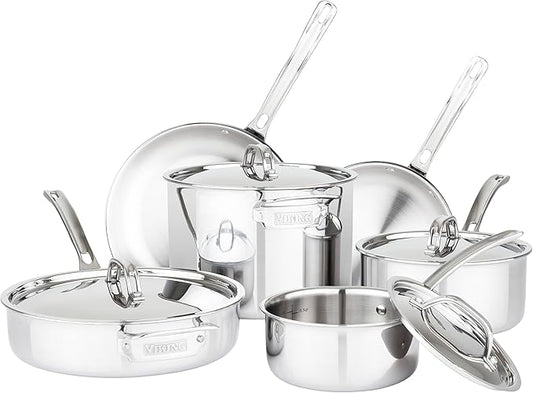 Viking Culinary 3-Ply Stainless Steel Cookware Set with Metal Lids, 10 Piece, Dishwasher, Oven Safe, Works on All Cooktops including Induction,Silver