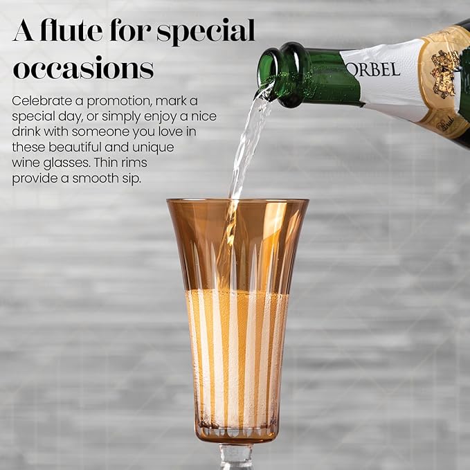 Vikko Champagne Flutes, Timeless Collection 6 Ounce Elegant Wine Glass for Fine Dining, Set of 4 Amber Goblets with Stem, Dishwasher Safe