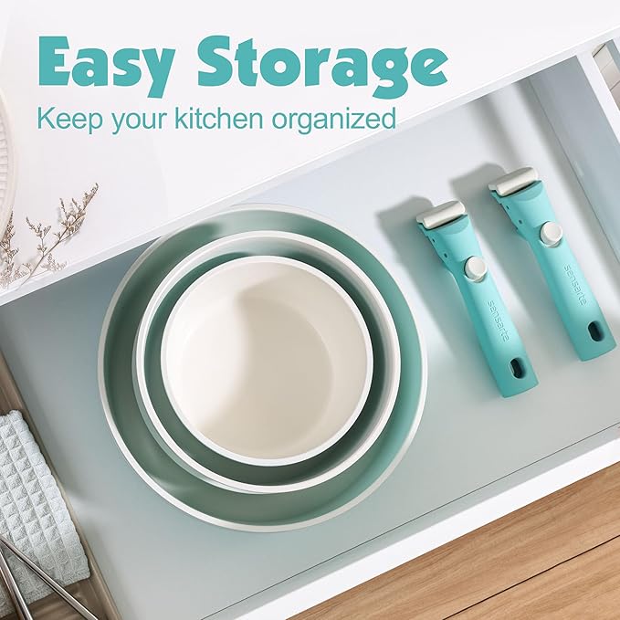 SENSARTE 24 Piece Ceramic Pots and Pans Set, Nonstick Detachable Handle Cookware, Induction Cookware Set with Removable Handle, Healthy Non Stick for RV, Dishwasher&Oven Safe, PFOA Free (Turquoise)
