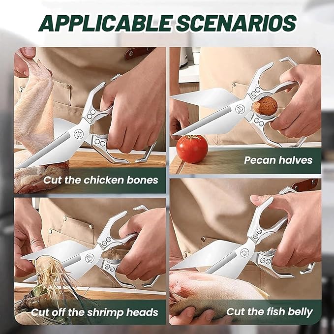 Seattleget Multifunctional Heavy-Duty Kitchen Shears, High-Carbon Steel 9.25" Multipurpose Kitchen Scissors for Chicken, Meat & Veggies, Ergonomic Non-Slip Handle, Built-in Nut Cracker (Green*2)