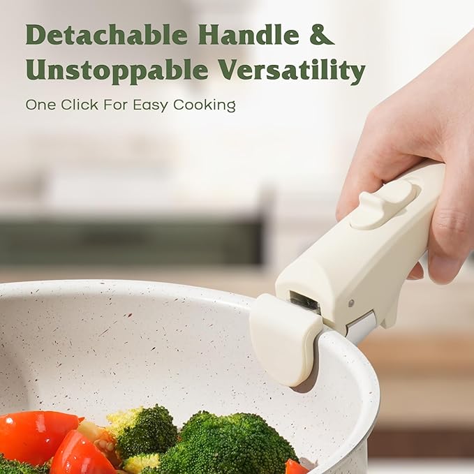 18 Pcs Pots and Pans Set Non Stick, Cookware Sets with Detachable Handle, Nonstick RV Kitchen Cooking Tools Removable Handles, Oven Safe, Induction Fast, Stackable Induction Cookware, White