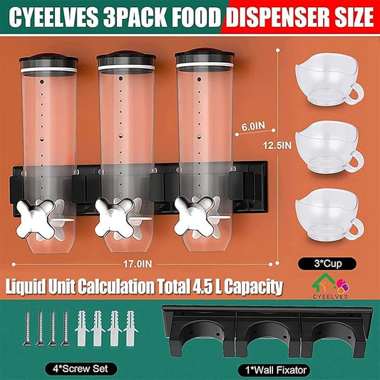 Triple Food Dispenser Wall Mounted Cereal Dispenser, Grains Dispenser Wall Mounted Dry Food Dispenser with 3 Cup, Candy Dispenser Snack Container for Kitchen Store Nut Coffee Beans 4.5L