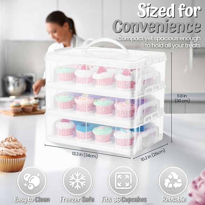 Flexzion 36 Cupcake Carrier 3 Tier Stackable Storage Container Collapsible Cake Carrier with Lid and Handle, Reusable Rectangular Plastic Dessert Travel Container, Display Holder Transport Box (Clear)