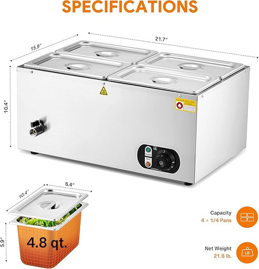 WILPREP Single-Well Commercial Food Warmer with Four 1/4 Pans, Electric Warmer for Food with Adjustable Temp. & Auto Shutoff, Stainless Steel Food Heating Unit for Buffet Food Truck Hotel Catering