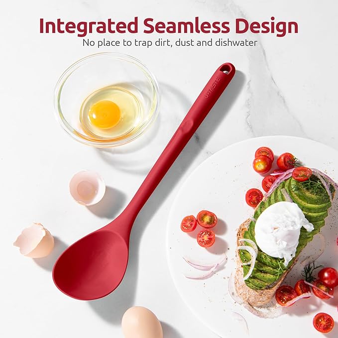600ºF Heat Resistant Silicone Spoons: U-Taste 13.3in Solid & Slotted Kitchen Cooking Spoon, Nonstick Long Rubber Utensil, Sturdy for Mixing, Serving, Stirring, Frying, Draining (Red, 2PCS)