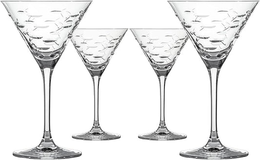 Rolf Glass School of Fish Martini Glass - Set of 4 Stemmed 10 oz. Martini Glasses - Lead-Free Glass - Diamond-Wheel Engraved Cocktail Glasses - Made in the USA