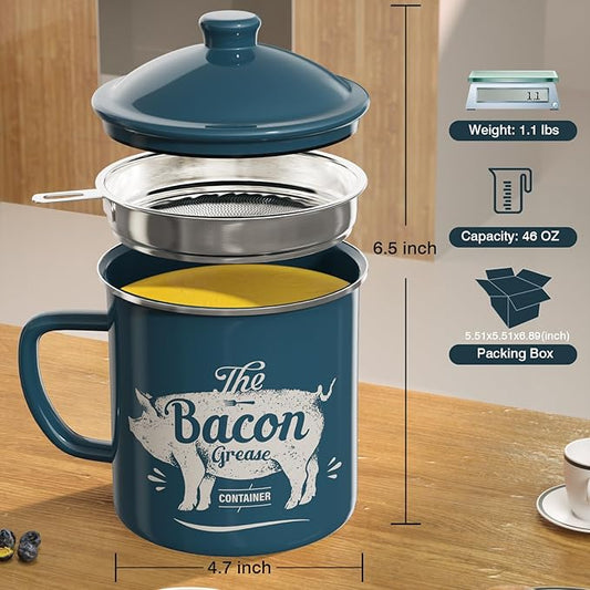 Bacon Grease Container With Strainer, 46OZ Large Enamel Grease Container, With Silicone Spatula, Farmhouse Bacon Grease Keeper, Cooking Oil Container For Kitchen Fat Storage, Dishwasher Safe-Blue