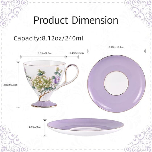 KAMMAK Ceramic Tea Cup and Saucer Set with Gold Trim, 240ml Floral Pattern Elegant Bone China Coffee Cup Set with Purple & Mint Green Saucers for Afternoon Tea, Gift for Women