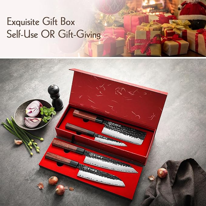 HEZHEN Kitchen Knife Set 4PCS, Clad Steel Chef Knife Nakiri Forged Steel Santoku, Wooden Octagonal Handle