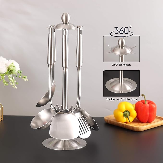 18/10 Stainless Steel Kitchen Utensils Set - 15’’ All Metal Cooking Utensils with Countertop Rotating Holder Stand, Spatula, Ladle, Skimmer, Slotted Turner, Pasta, Large Spoon Set of 7