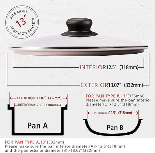 13 Inch Pan Lid Tempered Glass Pot Lid Replacement Pan Cover for 12.5"-13" Cast Iron Skillets, Frying Pans, Pots and Wok, Clear