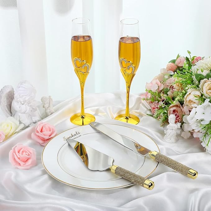 Elegant Wedding Champagne Flutes and Cake Knife Set, Features Rhinestone Rimmed Toasting Glasses and Cake Cutting Server for Couple’s Special Day (Silver) (Gold)