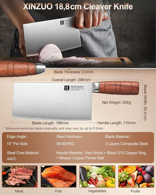 XINZUO 7.4 Inch Professional Chinese Chef Knife,Razor-Sharp Composite Stainless Steel Cleaver Kitchen Knife For Cutting Meat,Vegetable With Red Wood Handle