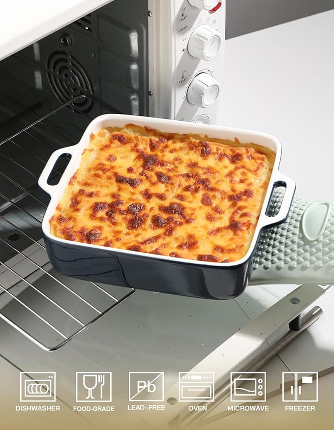 Sweejar 8x8 Baking Pan,Ceramic Casserole Dishes for Oven with Double Handles,2 QT Square Cake Baking Dish for Brownie,Lasagna,Casseroles,Family Dinner (Navy)