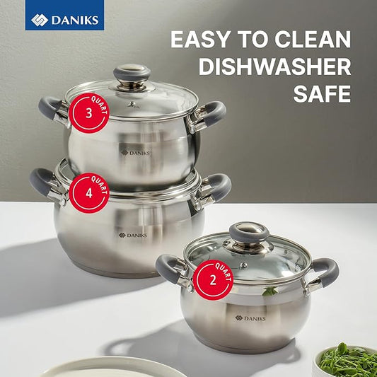 Daniks Modern 6-Piece Stainless Steel Induction Cookware Set – Dishwasher Safe Pots with Heatproof Handles, Glass Lids, Silver