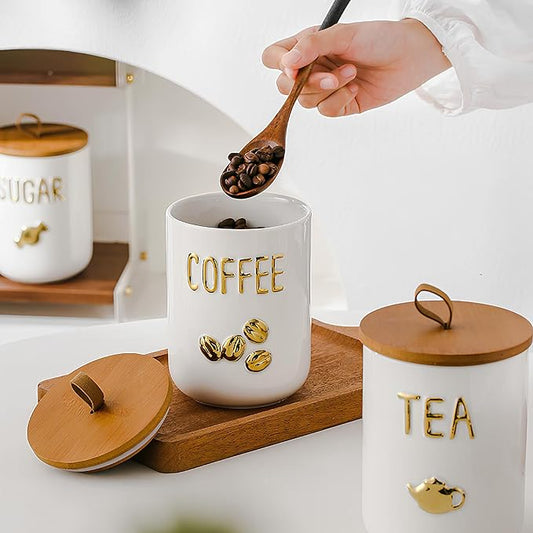 Comeon Ceramic Canister Set with Airtight Seal Bamboo Lid Silicone, 27oz Food Storage Jars for Coffee Sugar Tea, Container Set for Kitchen Pantry Counter Decor (Coffee)