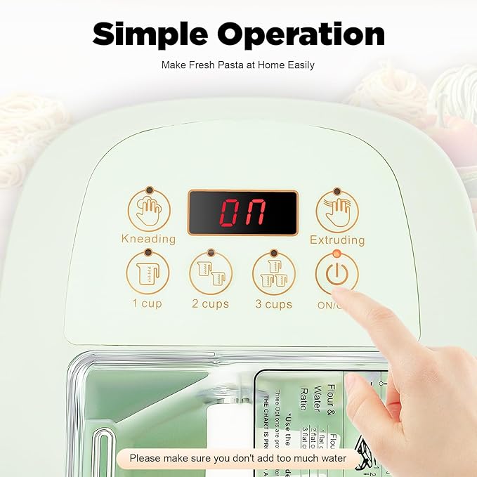 Electric Pasta Maker Machine, 260W Automatic Noodle Maker with 13 Pasta Shapes, Compact & Fast 3-Minute Pasta Machine for Home Kitchen, LED Display, Dishwasher Safe, Green