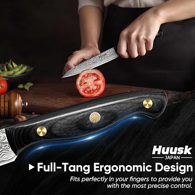 Huusk Damascus Chef Knife Set 3 PCS,VG10 Santoku Knives set,Damascus Kitchen Utility Knives set with Ebony Handle, Damascus Paring Knives Set for Meat Vegetable Fruit, Dad Mom Gift