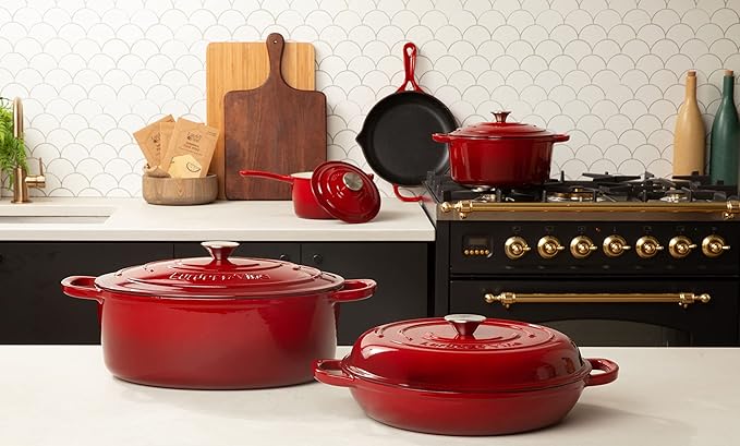Larder & Vine 9 Piece Enameled Cast Iron Cookware Set, Oven Safe and Compatible with all Cooktops – includes 3.6 Qt Braiser, 5.7 QT and 8 QT Dutch Ovens, 10.25in Skillet and 2.2 QT Saucepan (Cabernet)
