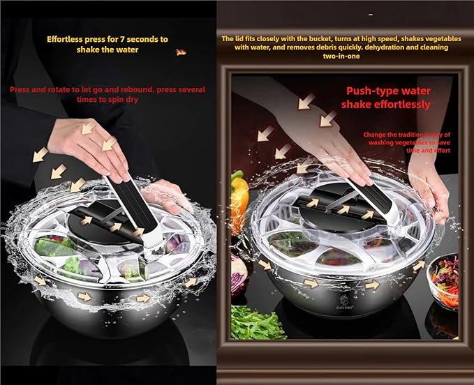 Large Stainless Steel Pump Salad Spinner, with Bowl and Colander and Retractable Pusher and Brake Button - Quick and Easy Multi-Use Lettuce Spinner, Vegetable Dryer, Fruit Washer Spinner (Black, 3.5L)