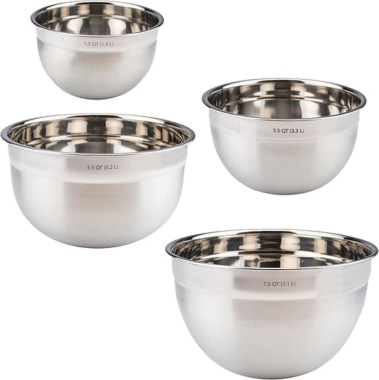 Tovolo Stainless Steel Mixing Bowls, Set of 4 - Metal Nesting Mixing Bowl Set with Rounded Lip for Easy Pour & Minimal Mess - Large & Small Dishwasher Safe Kitchen Supplies for Prep & Cooking