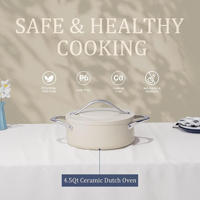 Stock Pot 4.5qt Dutch Oven with Lid (9.5") Nonstick Ceramic Coated Non-Toxic PFAS-Free Even Heat Distribution for Braising, Baking Bread & Soups, Compatible for All Cooktops(Induction/Gas/Electric) Oven Safe to 500ยฐF (Cream)