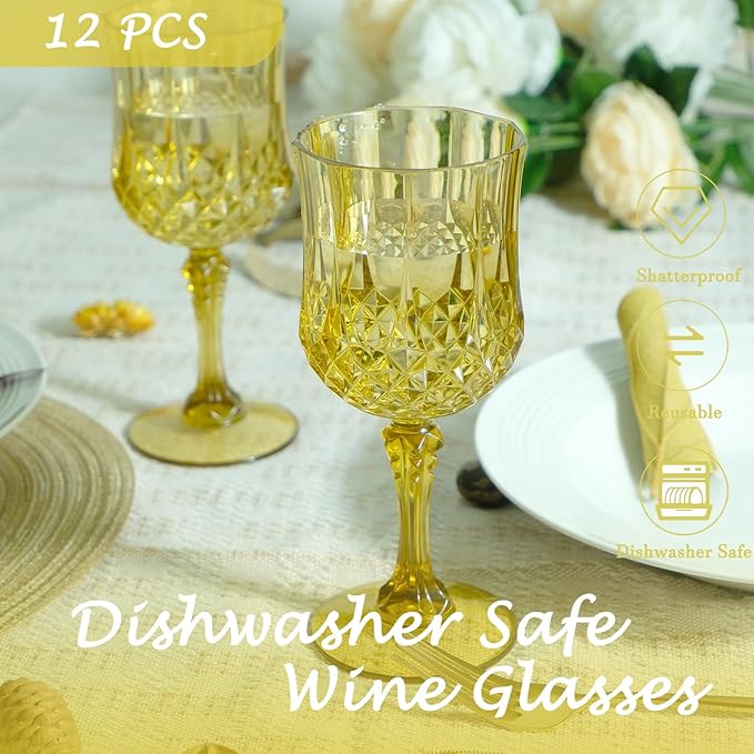 Plastic Wine Glasses,Plastic Goblets Vintage Style Cordial Drinking Glasses for Wedding Reception, Grand Event Party Supplies (12, Gold)