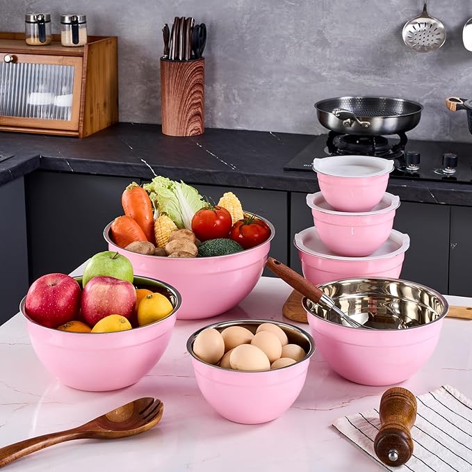 Pink Mixing Bowls With Airtight Lids,Stainless Steel Bowl,Salad Bowls 7 Piece Colorful Nesting Bowl Pink Kitchen Accessories,Size 7,3.6,2.7,2.1,1.5,1.1,0.8QT Stackable Design