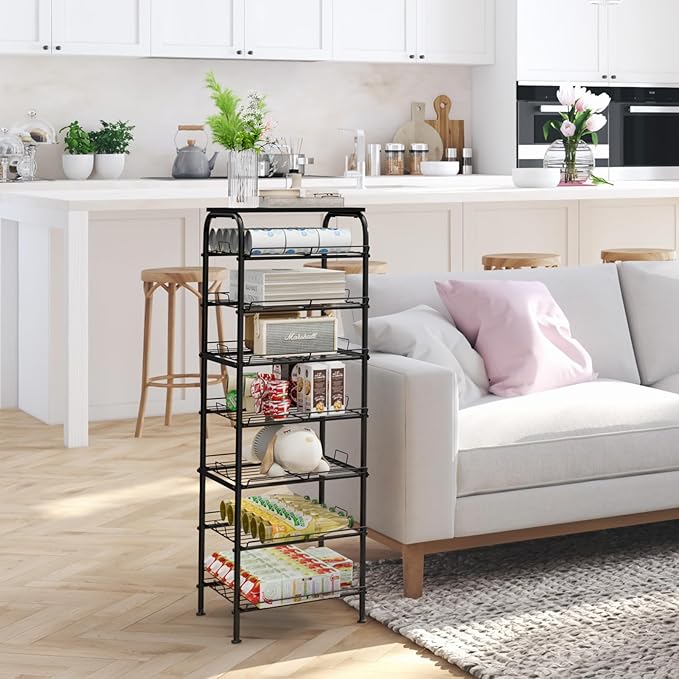 Vrisa Water Bottle Organizer 7 Tier Free Standing Water Bottle Holder Stand with Storage Shelves Beverage Drink Soda Can Rack Dispenser Metal Storage Shelf for Kitchen Pantry Party Office, Black