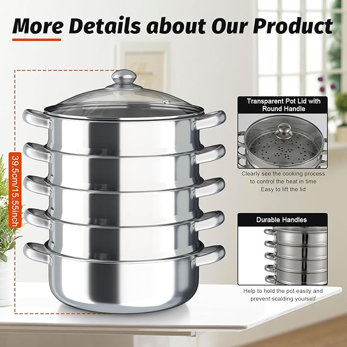 Steamer Pot 12in, 5-Tier Stackable Steamer Cooker with Lid and Triply Bottom, 304 Stainless Steel Food Cookware Set for Vegetables, Dumplings, Seafood on Gas & Electric Stoves