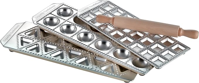 Imperia Ravioli Maker Set- Includes 3 Trays & Wooden Rolling Pin- Pasta Machine Accessory for Filled Ravioli- Durable Aluminum Construction- Press Makes 3 Different Shapes- Homemade Italian Cooking