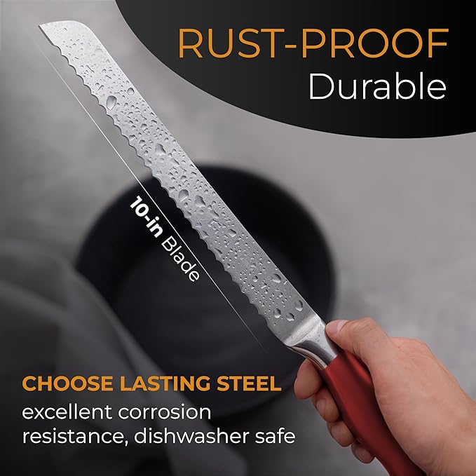 Orblue Serrated Bread Knife with 10-inch Upgraded Stainless Steel Razor Sharp Wavy Edge Width - Bread Cutter Ideal for Slicing Homemade Bagels and Cake, Red