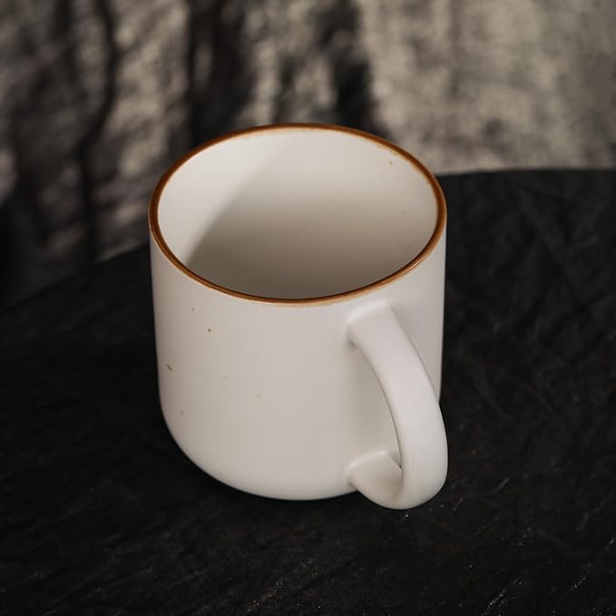 Stoneware White Coffee Mug, 12oz, Speckled Design, Rustic Brown Rim, Handmade