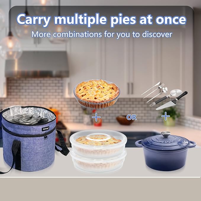 Plastic Pie Carrier Pack of 2 and insulated bag,pie carrier with lid and handle,pie carriers for transport,Holds 3 pies/Thanksgiving Day (Purple, 2 pie carriers + insulated bag)
