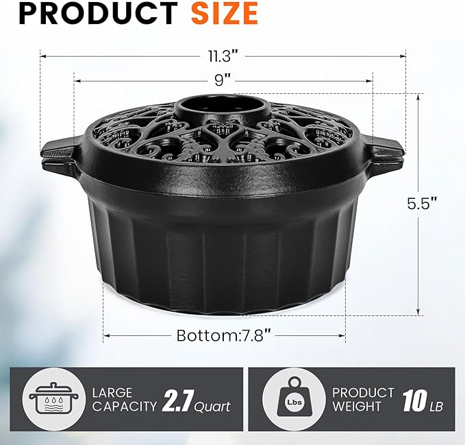 Wood Stove Steamer - Rust Resistant Cast Iron Humidifier Pot with Three-Layer Porcelain Coating for Woodstove, Indoor Fireplace Steamer for Dry Winter, Decorative, 2.7 Quart-Black