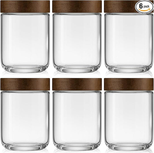 16oz 6 Pack Overnight Oats Containers with Lids, Glass Mason Jars with Acacia Wood Airtight Lids, Wide Mouth Meal Prep Storage Jars for Yogurt, Chia Pudding, Salad, Parfait, Snacks, Spice
