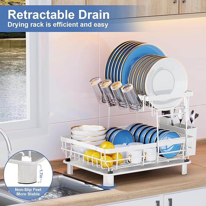 MOUKABAL Dish Drying Rack, 2 Tier Dish Rack, Large Dish Racks for Kitchen Counter, Dish Drainer with Removable Utensil Holder, Drainboard (White)