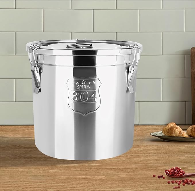 Stainless Steel Airtight Canister for Kitchen, 6L/1.59Gal Metal Food Storage Container Flour Bucket with Lid & Clamps, Bean Rice Cereal Canister Holder for Kitchen Restaurant, D7.9*H7.9in