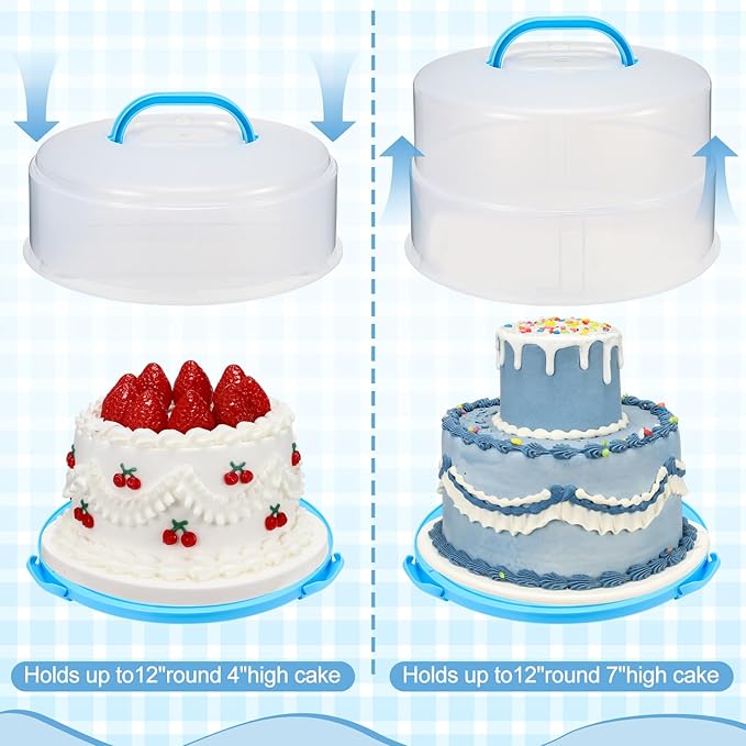 12 Inch Large Cake Carrier with Lid and Handle for 12" Round 7" High Cake Adjustable Plastic Pies Carrier Portable Cupcakes Transport Container for Cookies Pizza and More(Blue)
