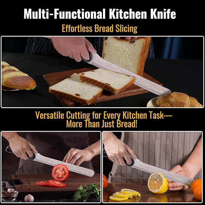 10-Inch Serrated Knife with Finger Ring, 5Cr15MoV Steel Blade, Full-Tang, Pakka Wood Handle, Damascus Pattern – Ideal for Bread, Fruits, and Vegetables