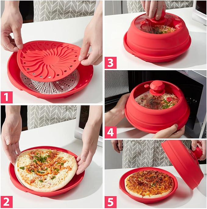 Microwave Splatter Silicone Cover Collapsible, Vented Multifunction Splash Lid with Glass Dish Bowl Plate for Food Cooking Bacon Maker, Dishwasher Safe BPA-Free 9 inch Cookware Set Red