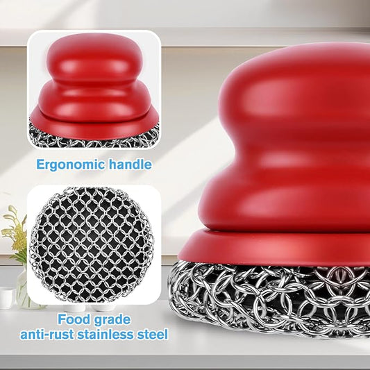 Onewly Cast Iron Scrubber and Scraper, Chain Mail Scrubber Cast Iron for Cleaning Dishes, Stock Pots, Pans, Griddles, Grills, Dish Scouring Pads