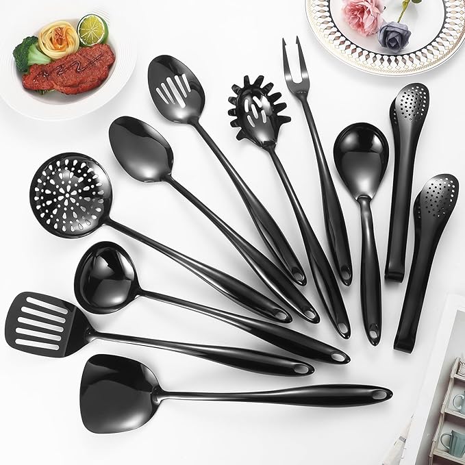 304 Stainlss Steel Matte Kitchen Utensils Set, 11 Pcs Long Metal Cooking Utensil Gadgets Tools Set with Spatula, Ladle, Spoon, Skimmer, Turner, Pasta Server, Tongs(Black, Dishwasher Safe)