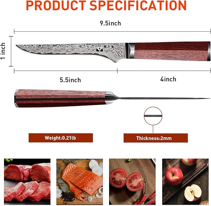 Boning Knife 5.5 inch Damascus VG-10 Super Steel 67-Layer Damascus with Hexagon Natural Wood Handle, Deboning knife - Stiff Blade