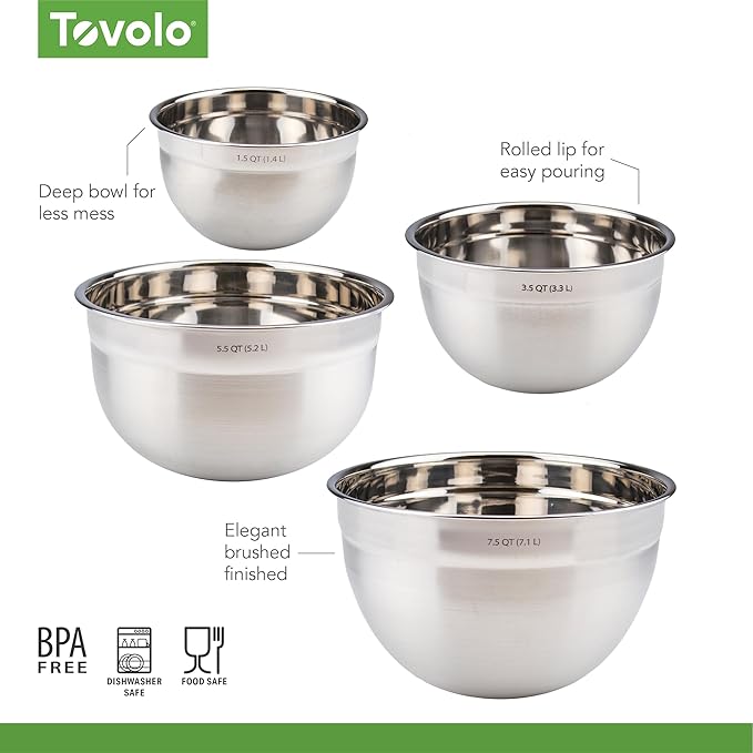 Tovolo Stainless Steel Mixing Bowls, Set of 4 - Metal Nesting Mixing Bowl Set with Rounded Lip for Easy Pour & Minimal Mess - Large & Small Dishwasher Safe Kitchen Supplies for Prep & Cooking