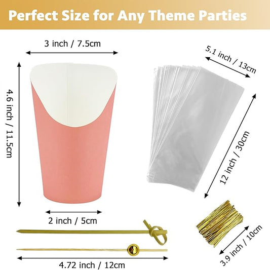 CAMKYDE 50 Sets Disposable Charcuterie Cups with Sticks and Bags, 12 oz Pink Paper Snack Appetizers Cup French Fry Holder with Cocktail Picks Toothpicks (50 Cups+50 Bags+200 Sticks)