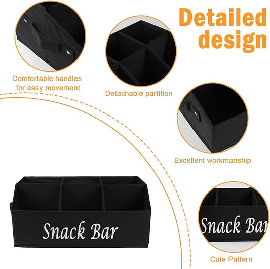 Snack Organizer for Countertop, Fabric Snack Bar Station with Handles, 6 Compartment Container, Black 【Patent Pending】