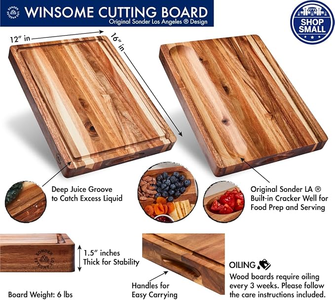 Sonder Los Angeles, Thick Sustainable Acacia Wood Cutting Board for Kitchen with Juice Groove, Sorting Compartment, Charcuterie 16x12x1.5 in (Gift Box Included)