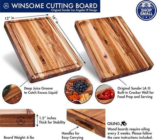 Sonder Los Angeles, Thick Sustainable Acacia Wood Cutting Board for Kitchen with Juice Groove, Sorting Compartment, Charcuterie 16x12x1.5 in (Gift Box Included)